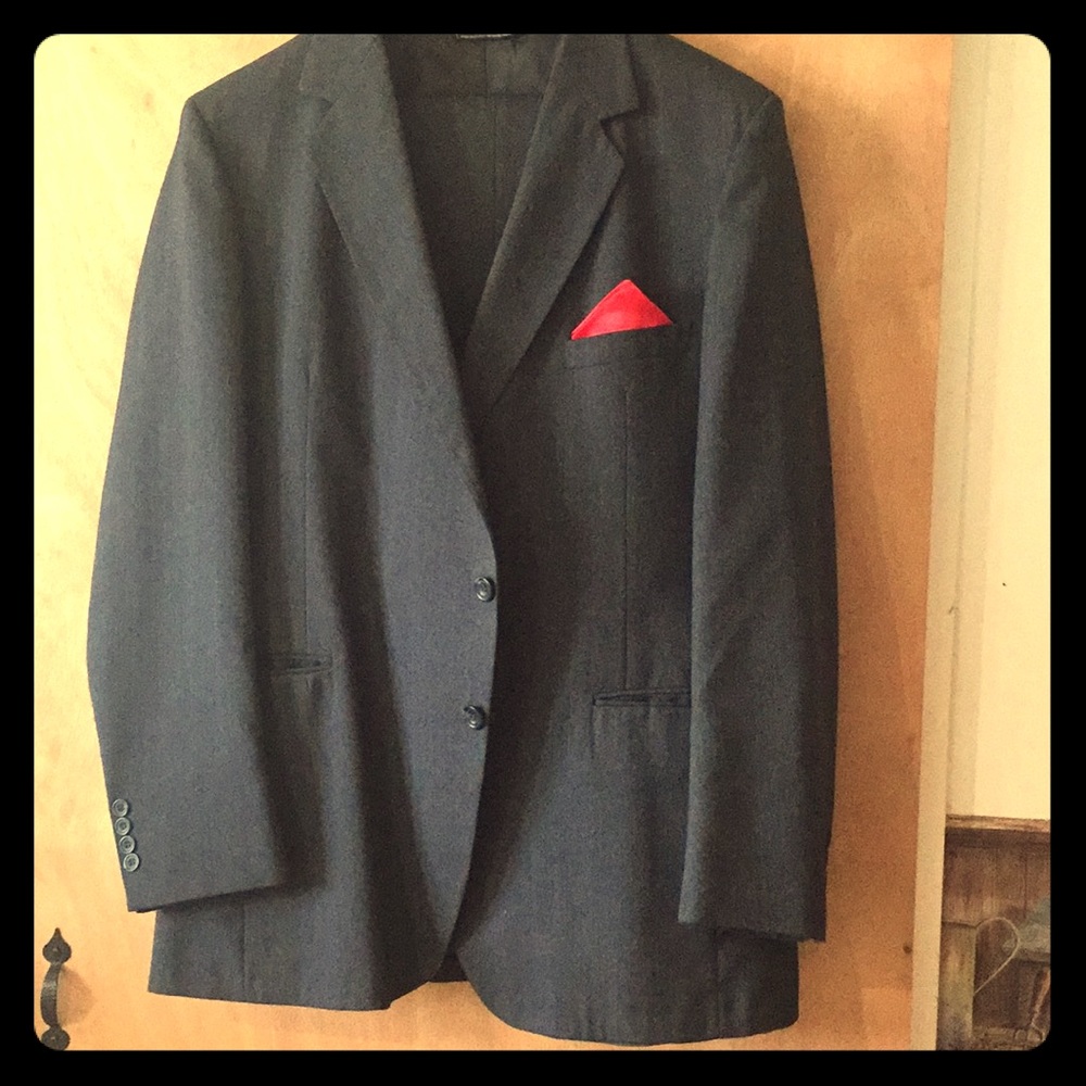 Grey suit with red pinstripes